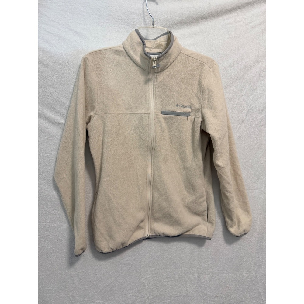 Columbia Womens Full Zip Fleece Jacket Cream Grey Trim Mock Neck Size M